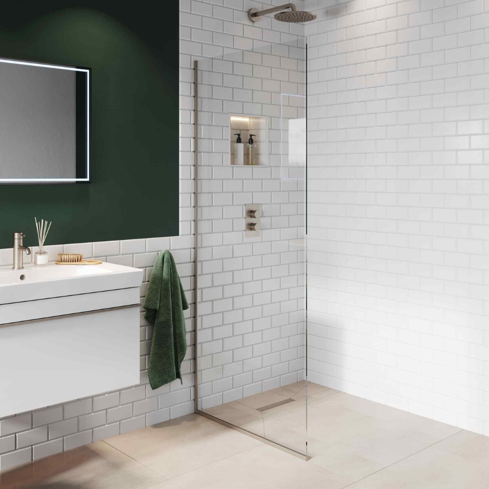 Product Lifestyle image of the Abacus Brushed Nickel 835mm Fixed 8mm Wet Room Screen